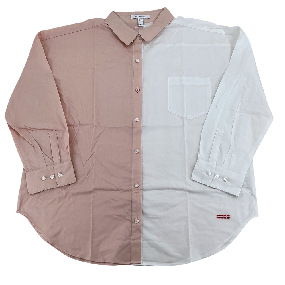 Peace Love World Button Down Womens L Pink White Colorblock Split Relaxed Modern